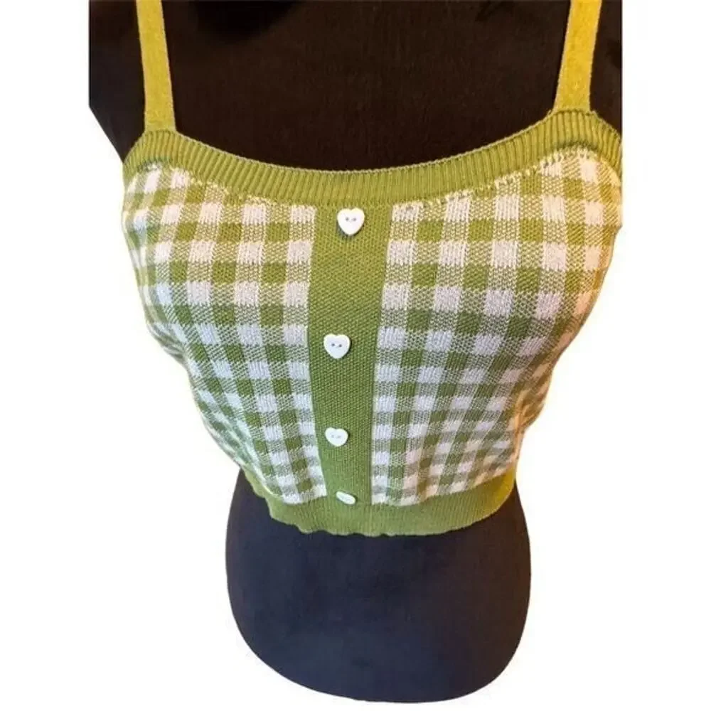 Cider Women's Green Checkered Knitted Plaid Cami Top Size L NWT